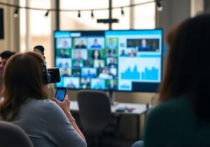 Live social media wall at an event displaying user-generated content and real-time audience interactions.